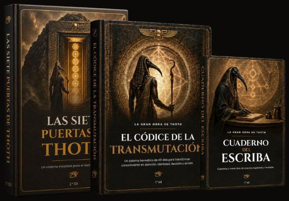 Los tres volúmenes de la biblioteca: Las Siete Puertas de Thoth, El Códice de la Transmutación y el Cuaderno del Escriba