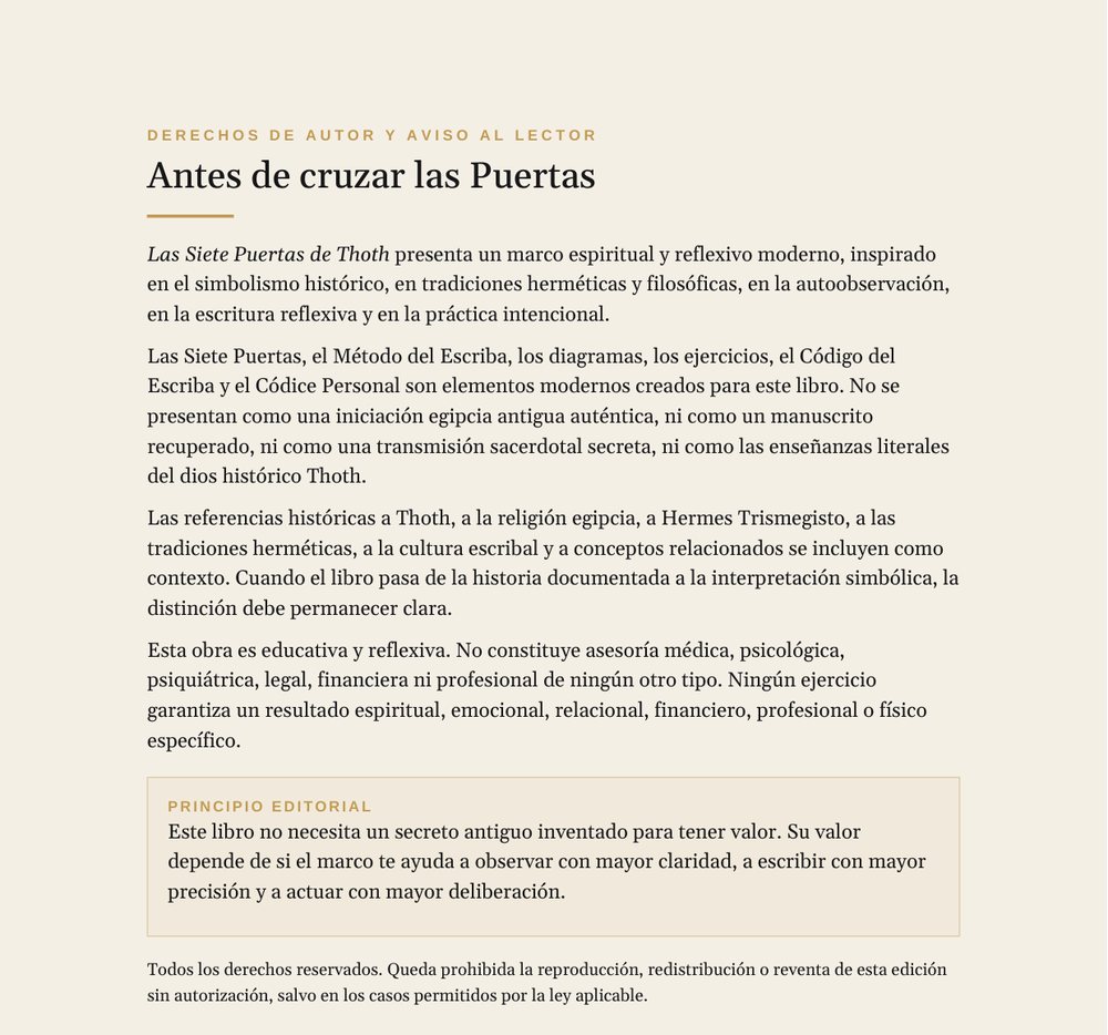 La página 3 del libro, titulada «Antes de cruzar las Puertas»: el aviso donde se declara que las Siete Puertas y el Método del Escriba son elementos modernos creados para esta obra.